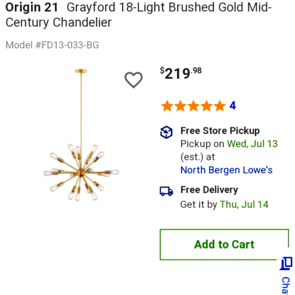 Origin 21 Grayford 18 Lights Brushed Gold Mid Century Chandelier